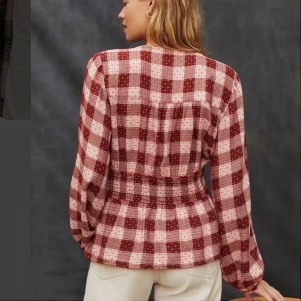 Anthropologie Red Plaid Long-Sleeve Smocked Waist Blouse - Picture 2 of 9